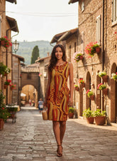 Ame dress by Blissfully Brand featuring a colorful fire inspired abstract print in gold and orange and knee length. Retro Chic